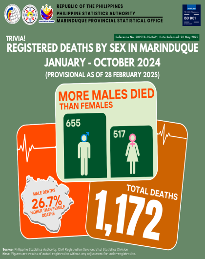 Registered Deaths in Marinduque by Sex: January - October 2024 (P as of 28 February 2025)