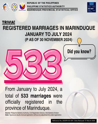 Registered Marriages in Marinduque: January to August 2024 (P as of 30 November 2024) 