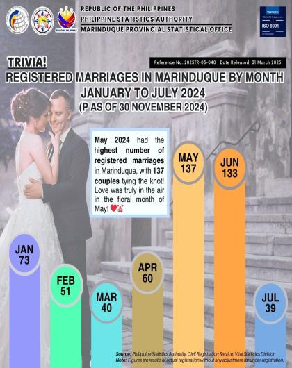 Registered Marriages in Marinduque by Month: January to August 2024 (P as of 30 November 2024) 