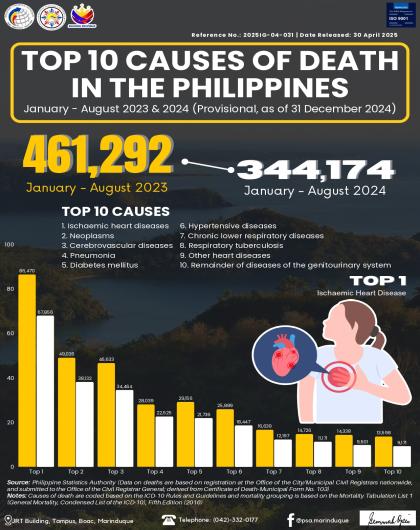 Top 10 Causes of Death in the Philippines: January - August 2023 & 2024 ((P as of 31 December 2024)